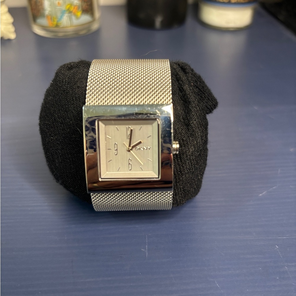 DKNY Silver Rectangular Mesh Watch Minimalist Design
